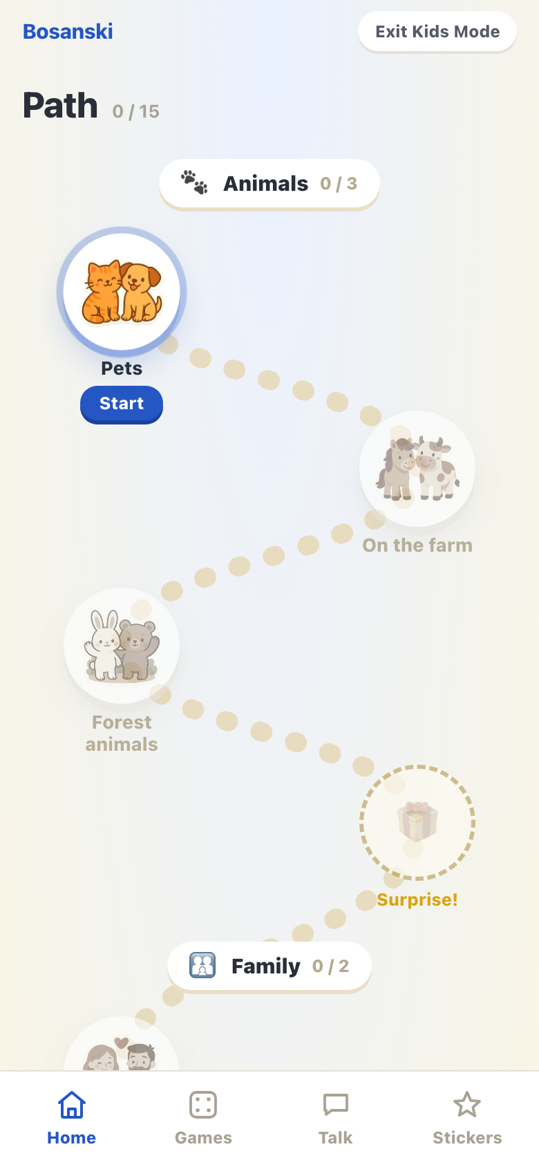 Bosnian for kids mode with picture lessons in the Bosanski app