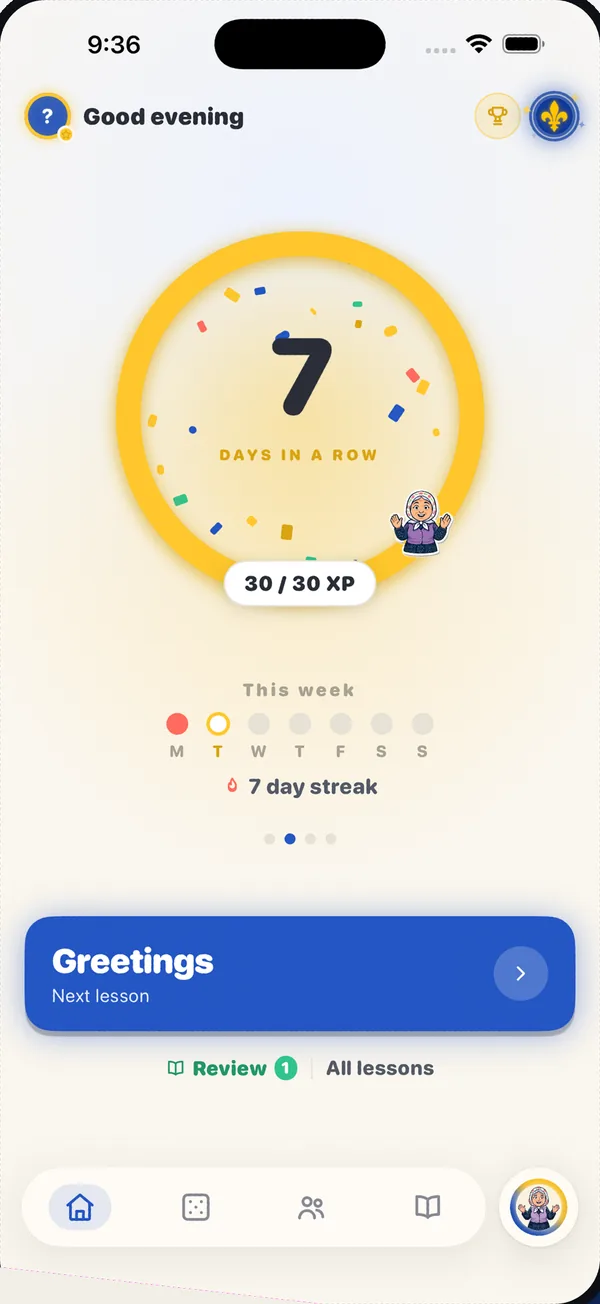 The Bosanski home screen: Nana's daily ring with a 7-day streak and the next lesson
