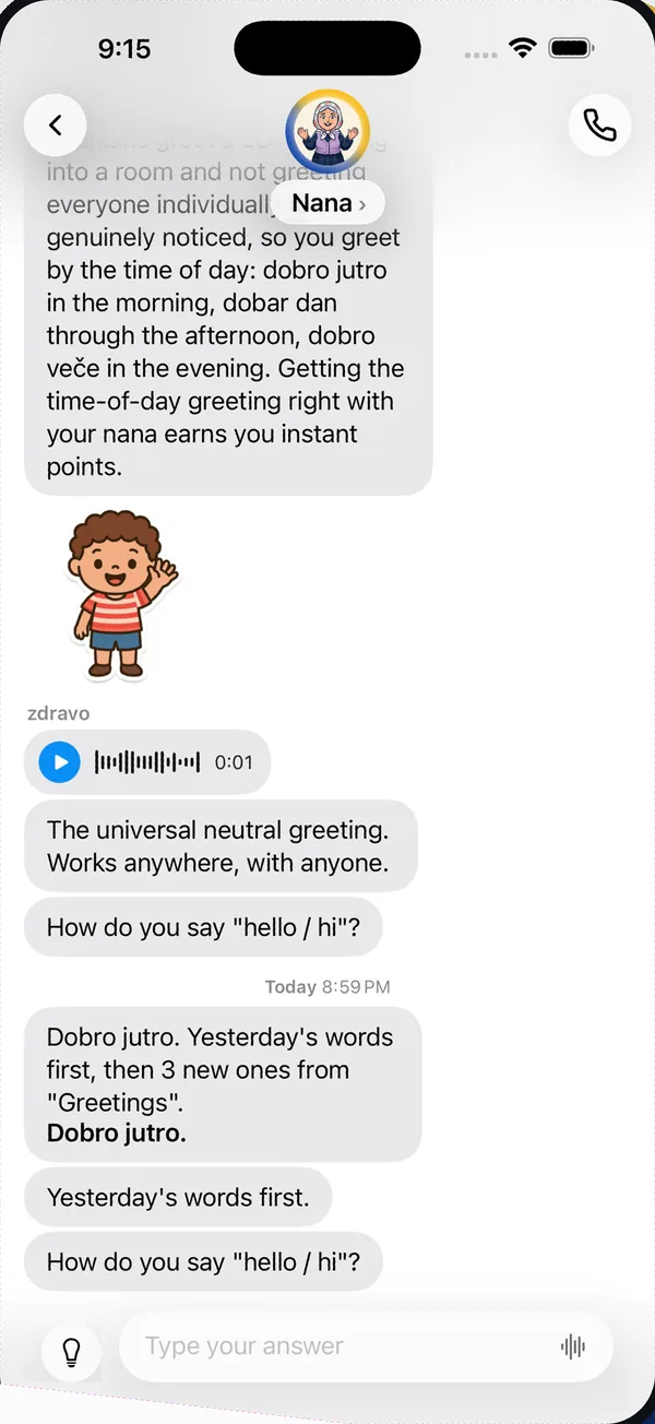 Nana's Daily: a chat with Nana with a voice note for zdravo and today's new Bosnian words