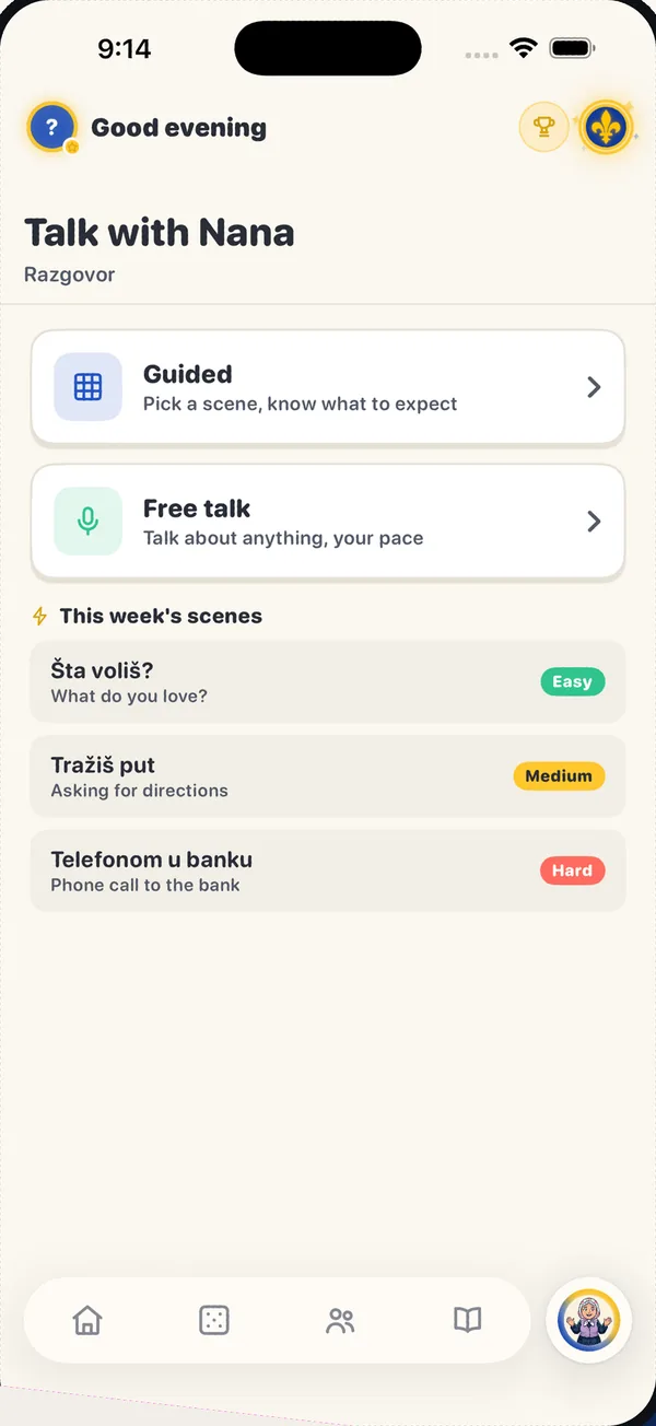 Talk with Nana: guided scenes and free talk for practicing Bosnian conversation in the Bosanski app